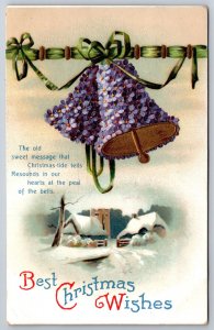 Clapsaddle Christmas~Swinging Violets Flower Bells Over Small Village~Gold~1912