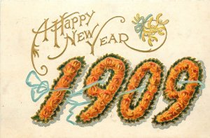 Embossed New Year Date Postcard 1909 Orange Flower Numerals, Souvenir Series A