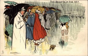 Rainstorm Umbrellas REGATTA IN THE WET Cowham TUCK Seaside #1323 Postcard