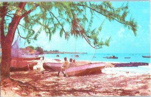 Fisherman's nets drying out in the sun Barbados West Indies Postcard Posted 1978