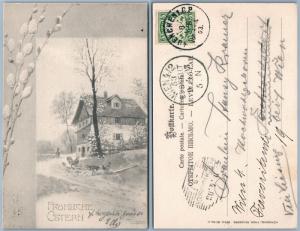 ARTIST SIGNED HAPPY EASTER ANTIQUE 1903 GERMAN POSTCARD w/ STAMP