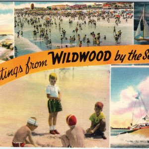 c1940s Wildwood, N.J. Greetings from by the Sea Bathing Suit Girl Swim PC A291