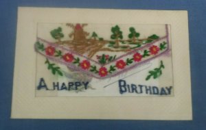 WW1 EMBROIDERED SILK POSTCARD A HAPPY BIRTHDAY WINDMILL  AL2