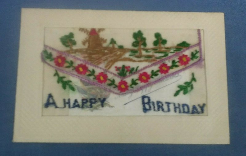 WW1 EMBROIDERED SILK POSTCARD A HAPPY BIRTHDAY WINDMILL  AL2