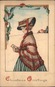 Christmas Pretty Woman Fancy Reading Card Holly Winsch c1900s-20s Postcard