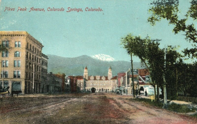 Colorado Springs CO-Colorado, Pikes Peak Avenue Dirt Street Vintage Postcard