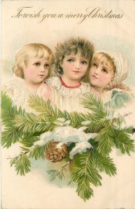 Embossed Christmas Postcard Children & Snowy Pine Bough Wish You Merry Christmas