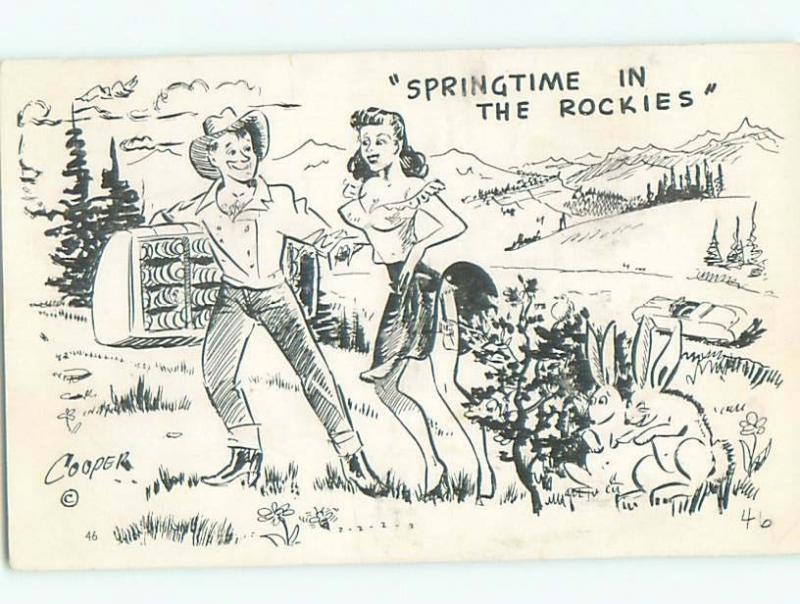 Pre-1980 Risque Comic western SEXY GIRL WITH COWBOY IN ROCKY MOUNTAINS AB7040