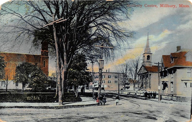 G45/ Millbury Massachusetts Postcard 1907 Centre Church Kids Homes Stores 