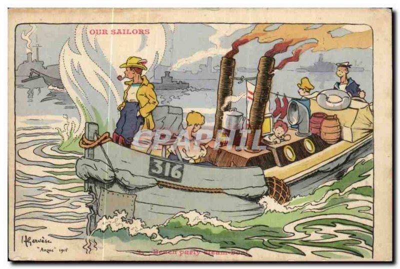 Our Sailors-Fantasy-Humor-Bateau Beach party steam boat -Carte Old Post