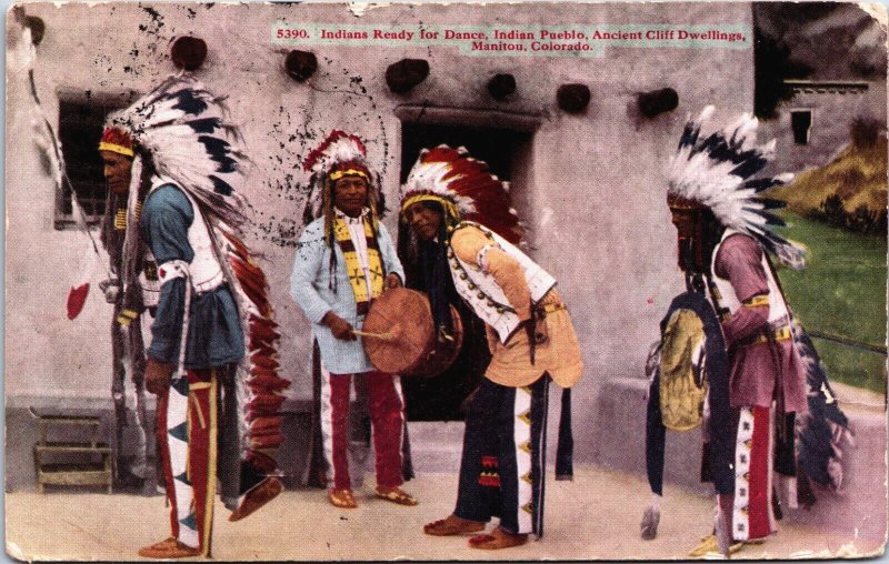 Indian Ready For Dance Indian Pueblo Ancient Cliff Dwellings Postcard C057