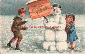 New Year, CCM No 0096, Snowman Holding Bonne Annee Sign, Boy with Snowballs