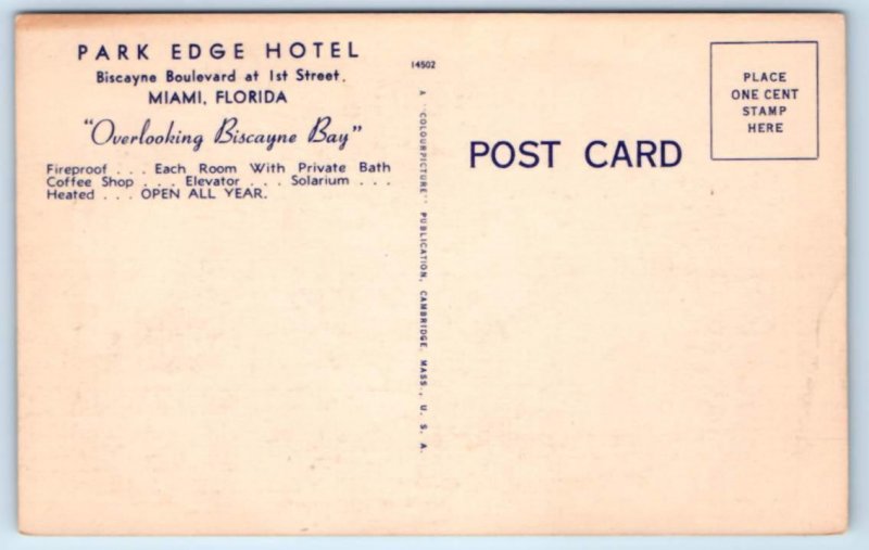 MIAMI, Florida FL ~ Biscayne Boulevard PARK EDGE HOTEL c1940s Roadside  Postcard