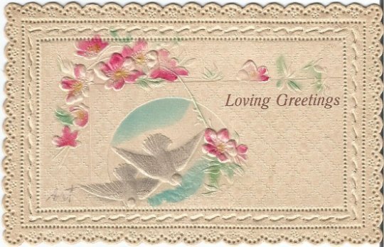 Delicate Lacy Edge White Doves Pastel Pink Cherry Blossoms on quilted pattern