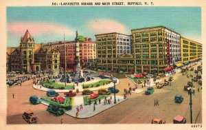 Vintage Postcard 1930's Lafayette Square And Main Street Buffalo New York NY