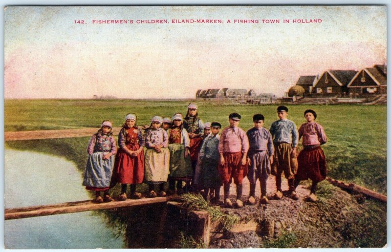 c1900s Eiland-Marken, Holland Fishing Town Children Litho Photo Postcard A82
