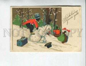 471903 New Year SNOWMAN Silhouette Kids Vintage postcard