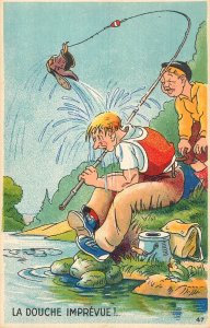 Humor comic caricature postcard men fishing old boot