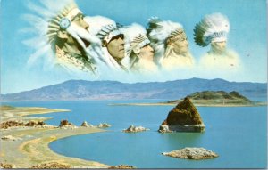 Postcard NV Panoramic view of Pyramid Lake with Native American Chiefs