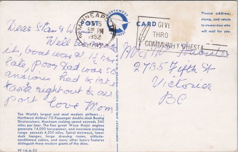 Northwest Airlines Stratocruiser Jet Airplane c1952 Advertising Postcard H40