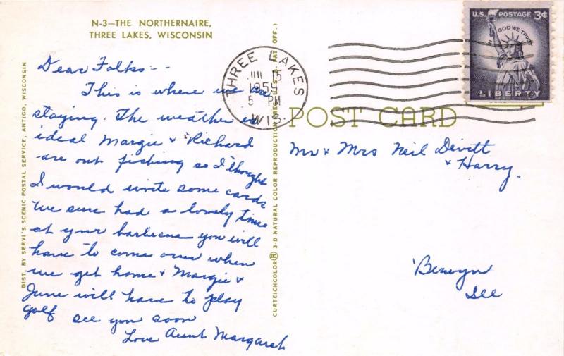 THREE LAKES WISCONSIN~THE NORTHERNAIRE RESORT~ POSTCARD 1959 PSTMK