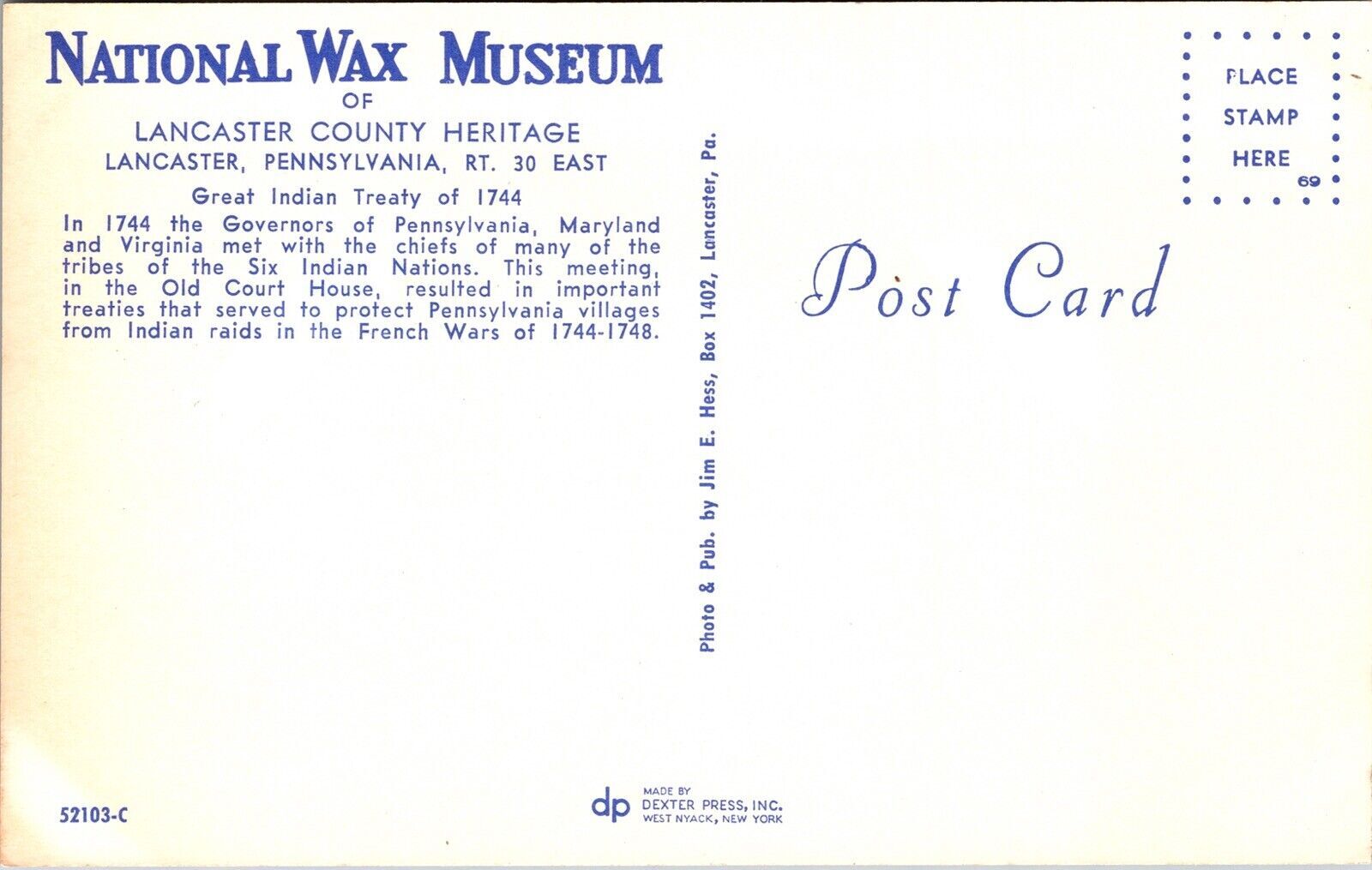 Great Indian Treaty of 1744 National Wax Museum Lancaster PA Postcard