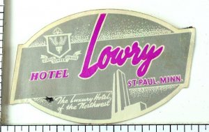 C. 1930's-40's Poster Stamp Luggage Label Lowry Hotel St. Paul, Minn E6