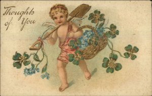 Cherub Cupid Gold Clovers Basket & Shovel TUCK Valentine Golden Greetings