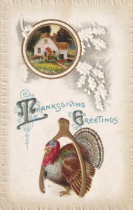 THANKSGIVING, PU-1910; Greetings, Country Home, Wild Turkey under gold Wishbone