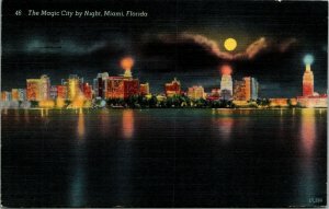 Magic City by Night, Miami, Florida moon, clouds, water reflection postcard