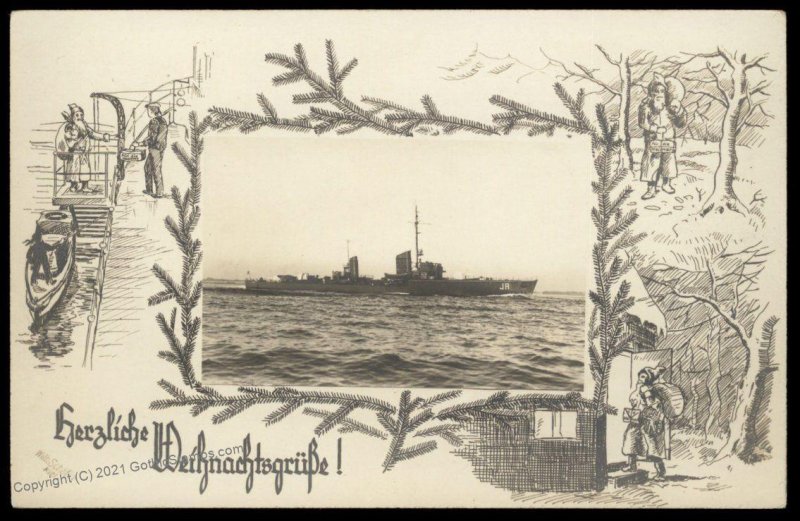 Germany WWII Kriegsmarine Navy Zerstoerer Destroyer JA RPPC Merry Christm G87802