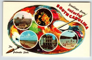 Postcard Greetings From South Carolina Chrome Paint Pallet Paintbrush Colorful