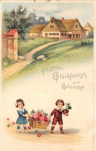 BG8824 children flower boy and girl clover geburtstag birthday greetings germany