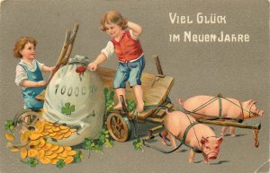Embossed Postcard New Year Children & Pig With Spilled Money Bag Viel Gluck 2209