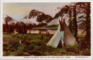 Deer & Teepee Bow Lake & Glacier Banff Jasper Hwy Alberta AB RPPC Postcard H57