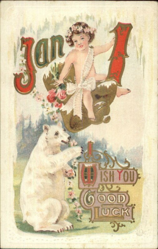 New Year - Cherub on Bell & Polar Bear c1910 Embossed Postcard