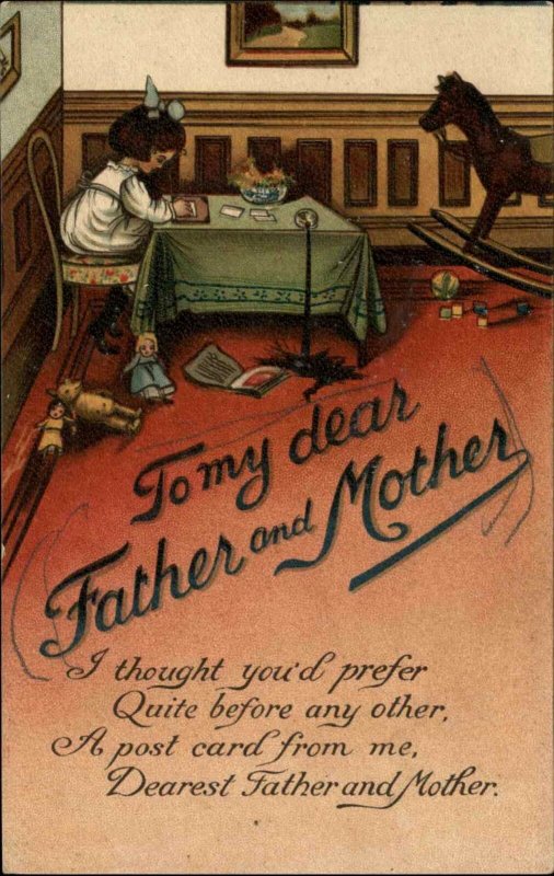 DEAR FATHER AND MOTHER Little Girl Writes to Parents c1910 Postcard