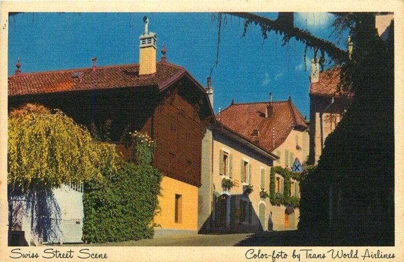 1950s TWA Trans World Airlines Vintage Linen Postcard - Swiss Street Scene