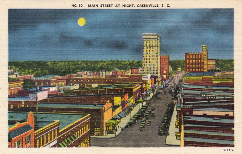 P1854 vintage postcard main st at night greenville south carolina