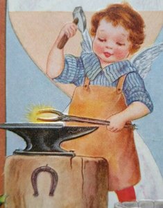 New Year Postcard Angel Child With Wings Hammer Anvil Whitney 1918 Ossining NY