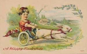 Easter Greetings - Boy in Rabbit Drawn Chariot - Basket of Eggs - DB