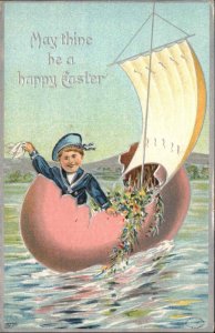 Easter Fantasy Little Boy in Egg Boat c1910 Vintage Postcard