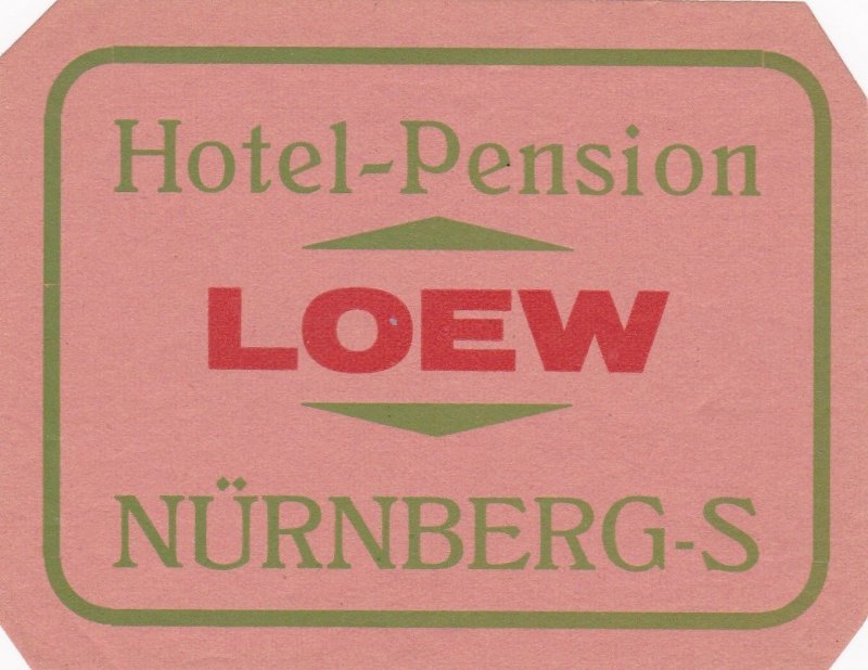 Germany Nuernberg Hotel Pension Loew Vintage Luggage Label sk2978