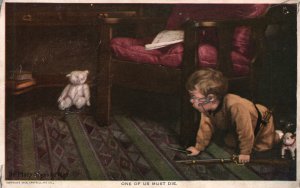 Vintage Postcard 1920's One Of Us Must Die! Boy Soldier Stalks Toy Bear Artwork
