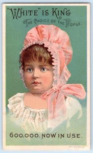 1880's WHITE IS KING SEWING MACHINE 600,000 IN USE PINK HAT VICTORIAN TRADE CARD