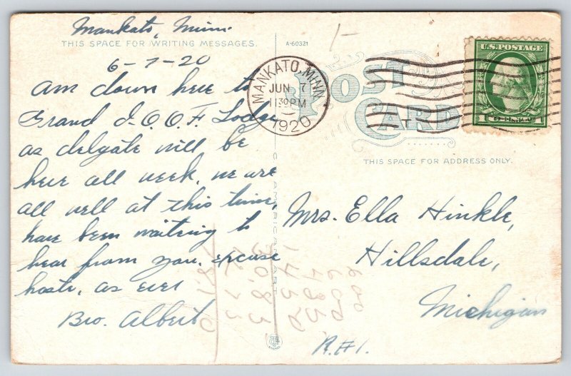 Mankato Minnesota~Red Jacket Bridges~River~Hill~Sunset~Reflection~1920 Postcard