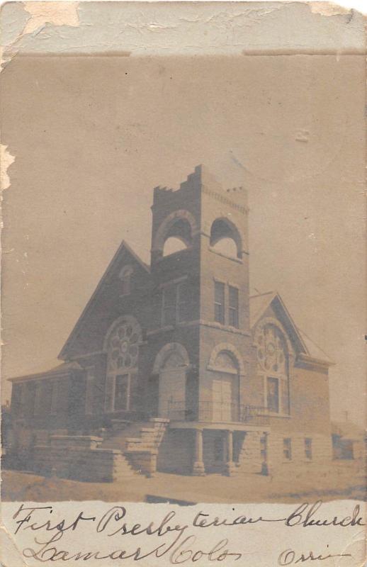 D95/ Lamar Colorado Co Real Photo RPPC Postcard 1908 First Presbyterian Church