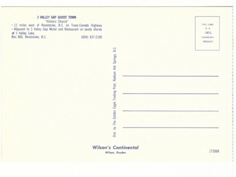 Historic Church, Three Valley Gap Ghost Town, BC, Canada, Chrome Postcard