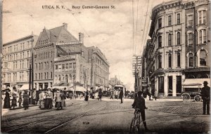 Postcard NY Utica Busy Corner early trolley street scene 1907
