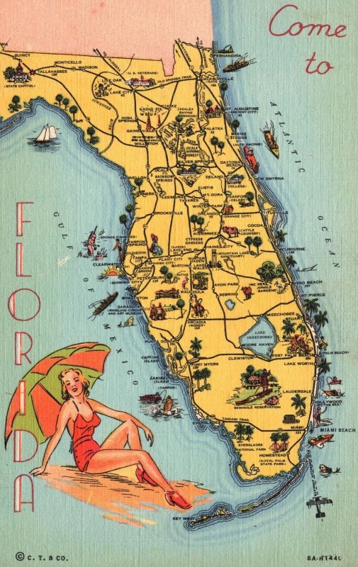 Vintage Postcard Map of Florida Beautiful Sexy Lady Routes Landmarks Places FL 